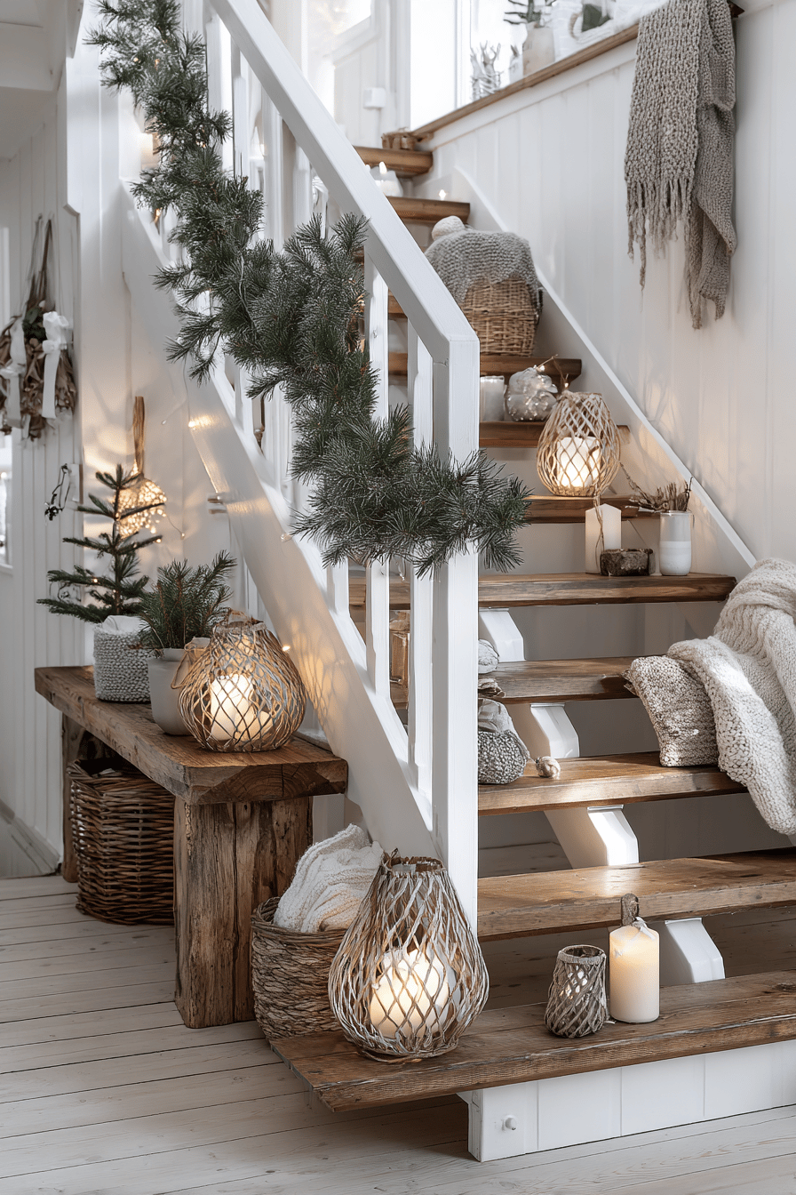 Eine festlich dekorierte Treppe mit Tannengirlanden und stimmungsvoller Beleuchtung.