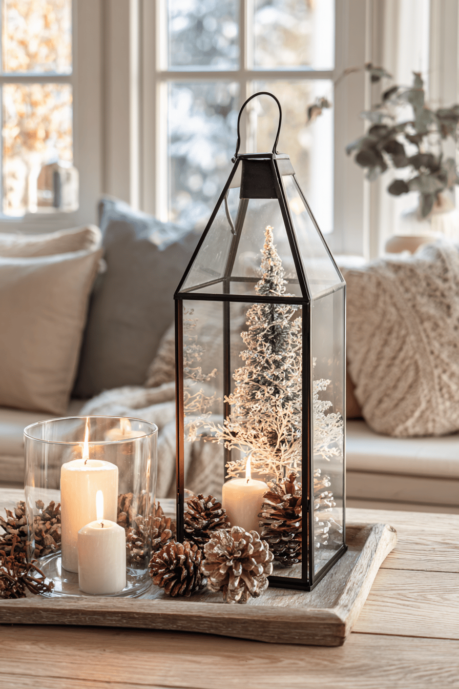 Eine festliche Laterne mit einem Mini-Weihnachtsbaum und Kerzen, umgeben von Tannenzapfen.