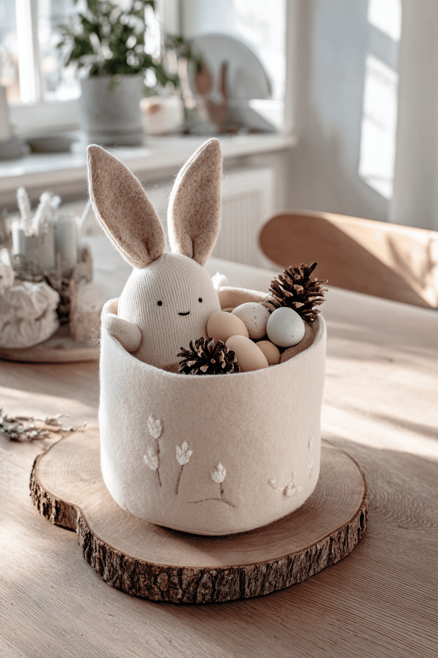 Ein niedlich gestaltetes Filzkörbchen in Hasenform mit Eiern und Zapfen auf einem Holzteller.