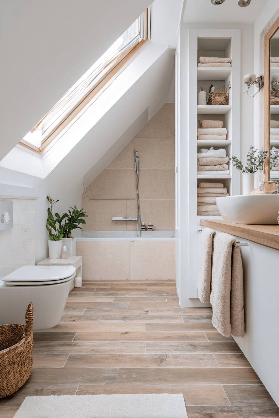 Modernes Badezimmer mit Dachschräge und Fliesen in Holzoptik