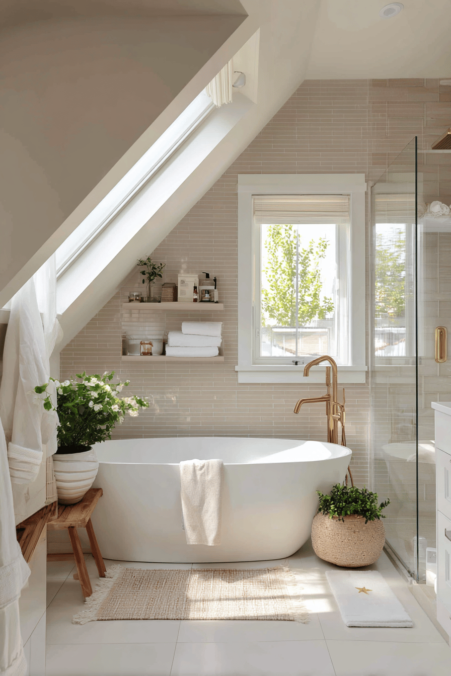 Helles Badezimmer mit freistehender Badewanne unter einem Dachfenster