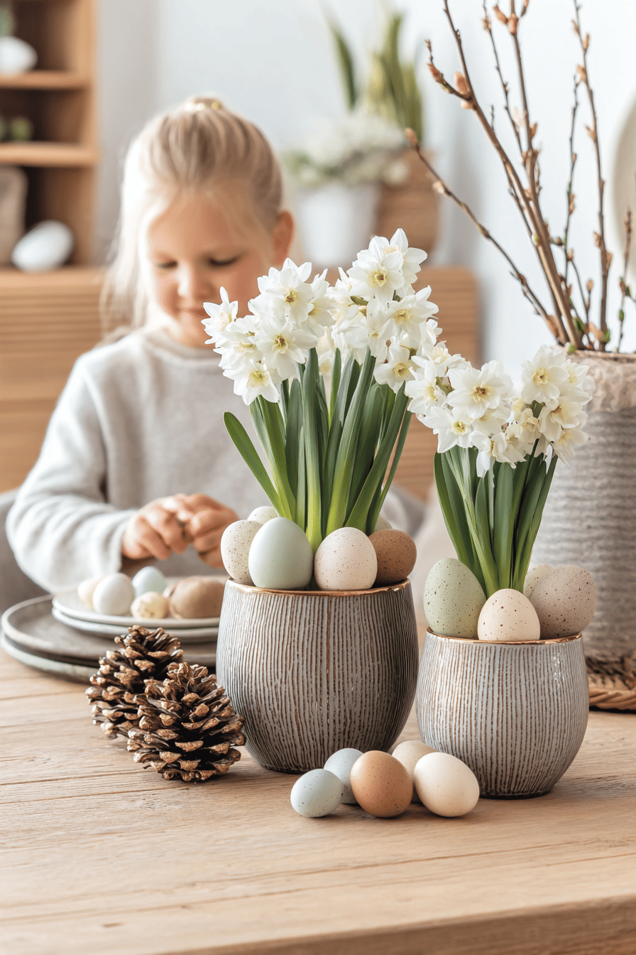 Narzissen in Vintage Keramikvasen, umgeben von pastellfarbenen Ostereiern auf einem Tisch.
