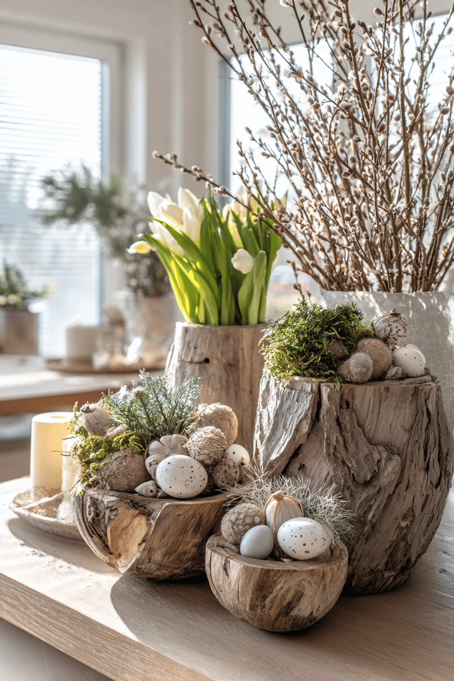 Rustikale Holzgefäße gefüllt mit Frühlingsblumen und Deko-Eiern.