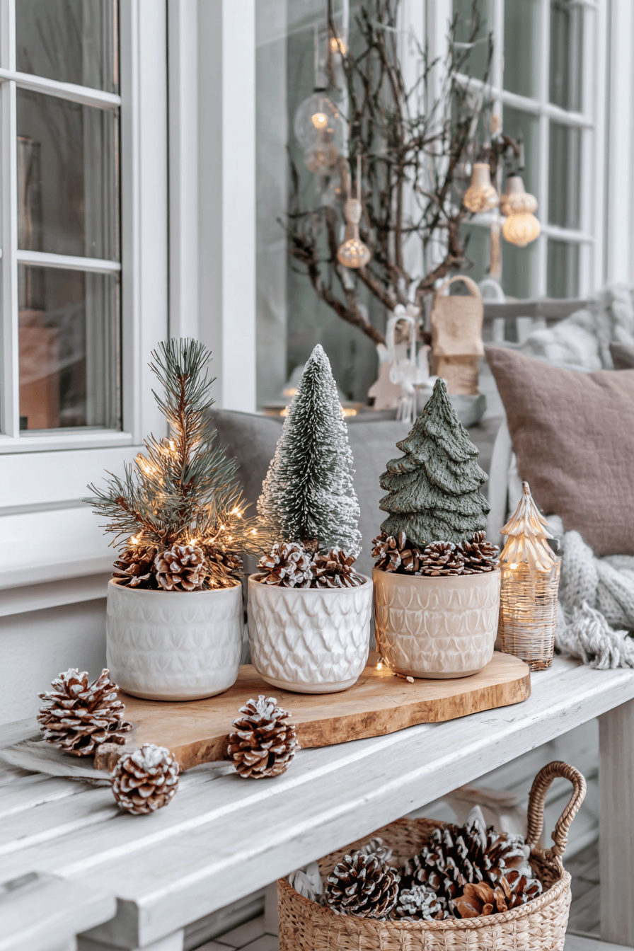 Drei Mini-Weihnachtsbäume in dekorativen Töpfen auf einer weißen Gartenbank, umgeben von Tannenzapfen und Lichterketten.