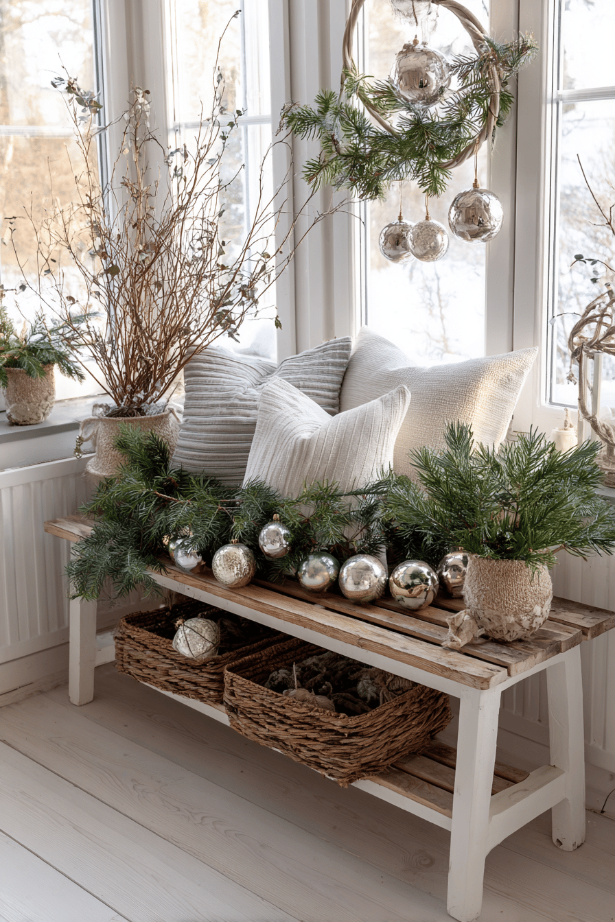 Gartenbank weihnachtlich dekoriert mit Tannenzweigen, Kugeln und Kissen.