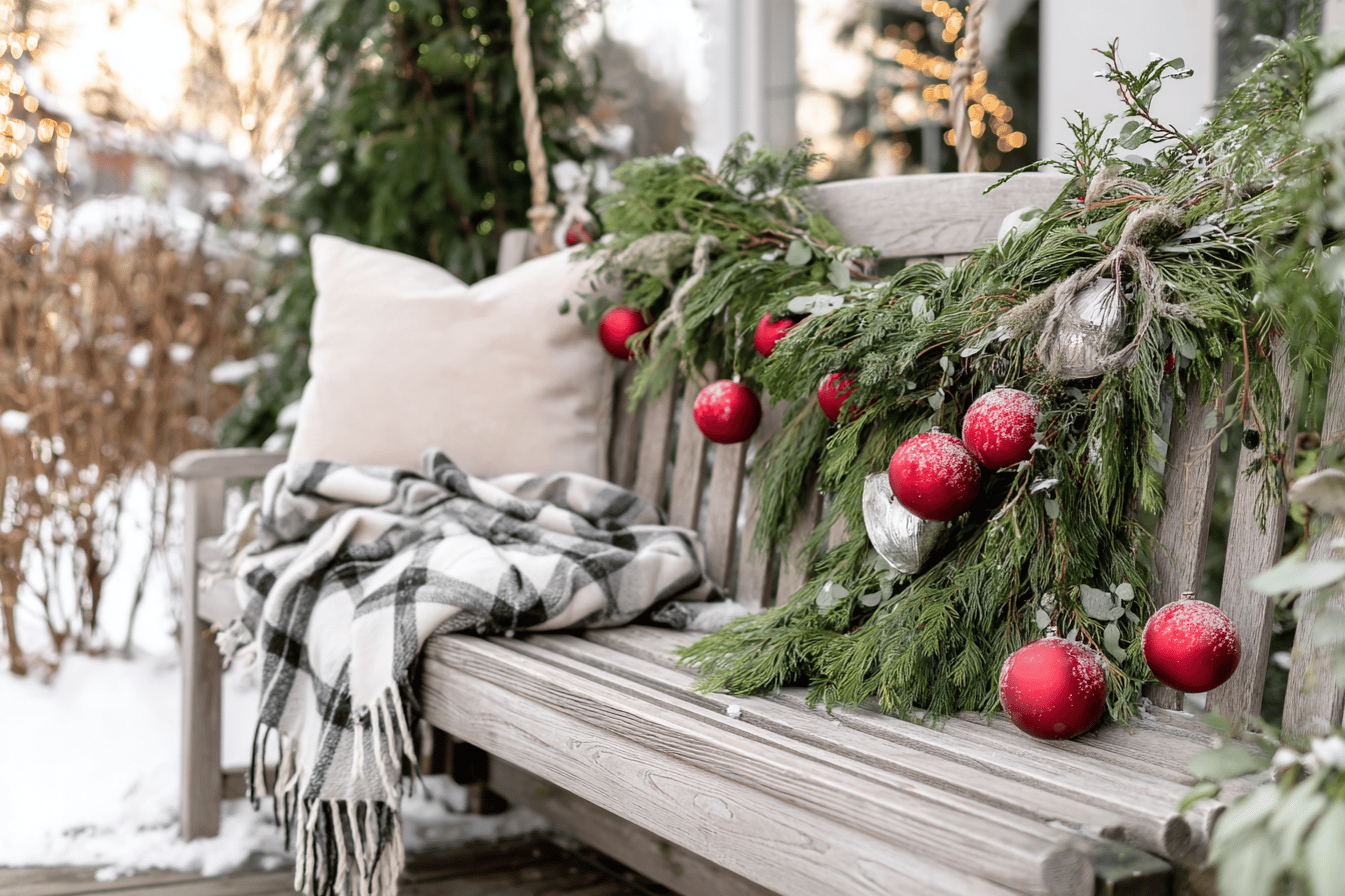 Gartenbank mit weihnachtlicher Dekoration aus Tannenzweigen und roten Kugeln
