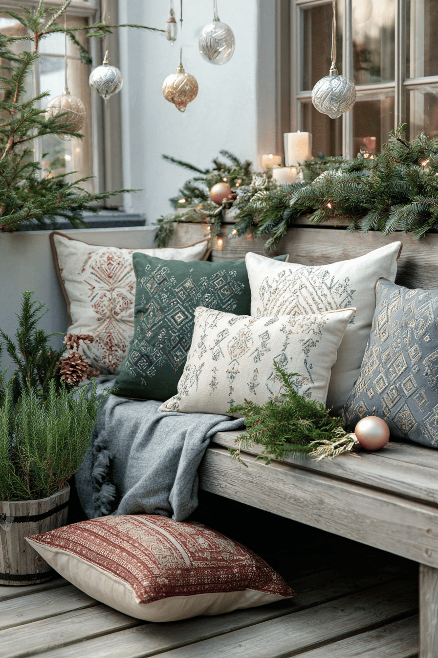 Mit festlichen Kissen und Weihnachtsdekoration geschmückte Gartenbank vor einem Fenster.