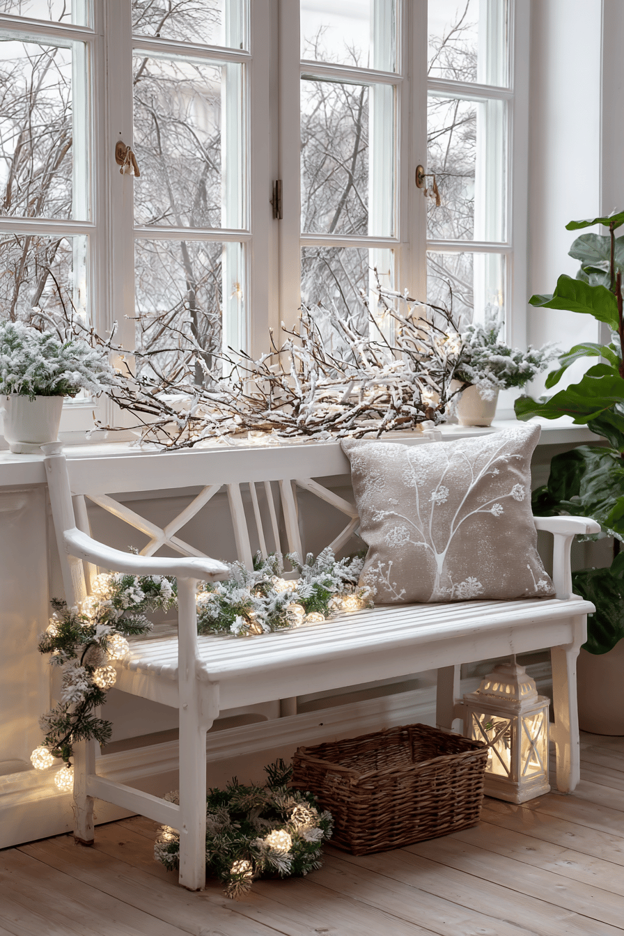 Festlich dekorierte Gartenbank mit Kunstschnee, Lichtgirlanden und Kissen.