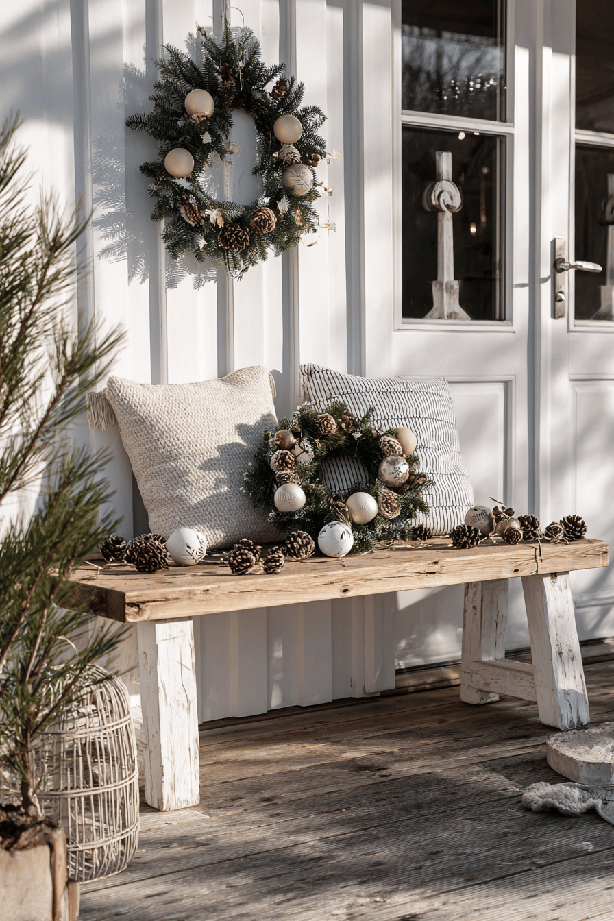 Eine weihnachtlich dekorierte Gartenbank mit Kränzen und Kissen.