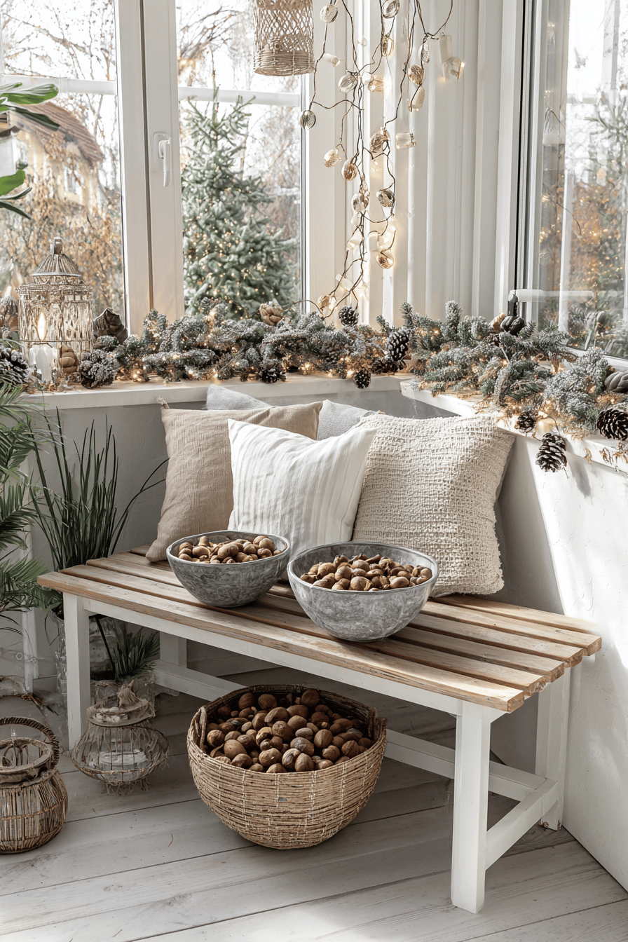 Eine weihnachtlich dekorierte Gartenbank mit Dekoschalen voller Nüsse und Tannenzapfen.