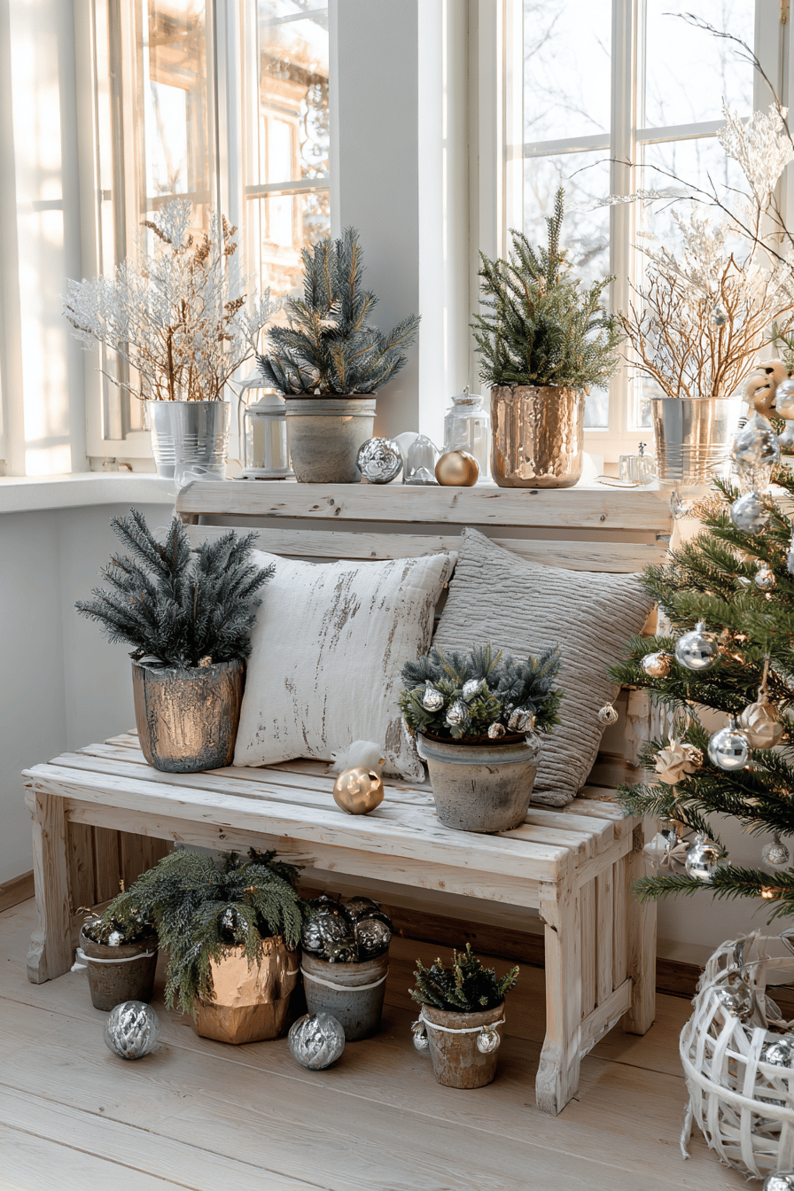 Holzbank mit kleinen Tannenbäumen in Pflanzgefäßen weihnachtlich dekoriert.