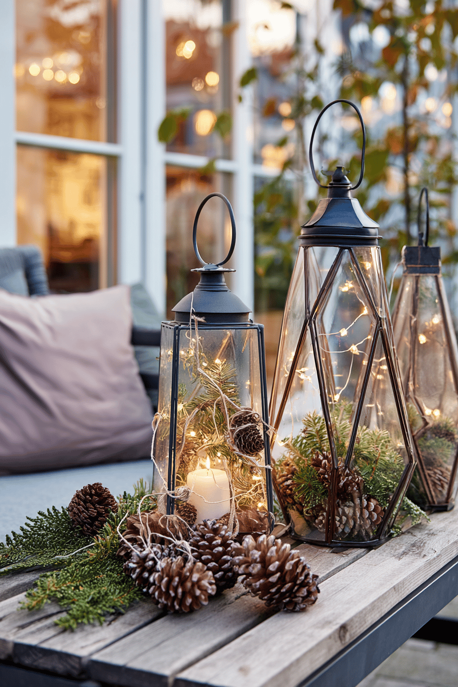 Weihnachtlich dekorierte Gartenbank mit Laternen und Tannenzapfen.