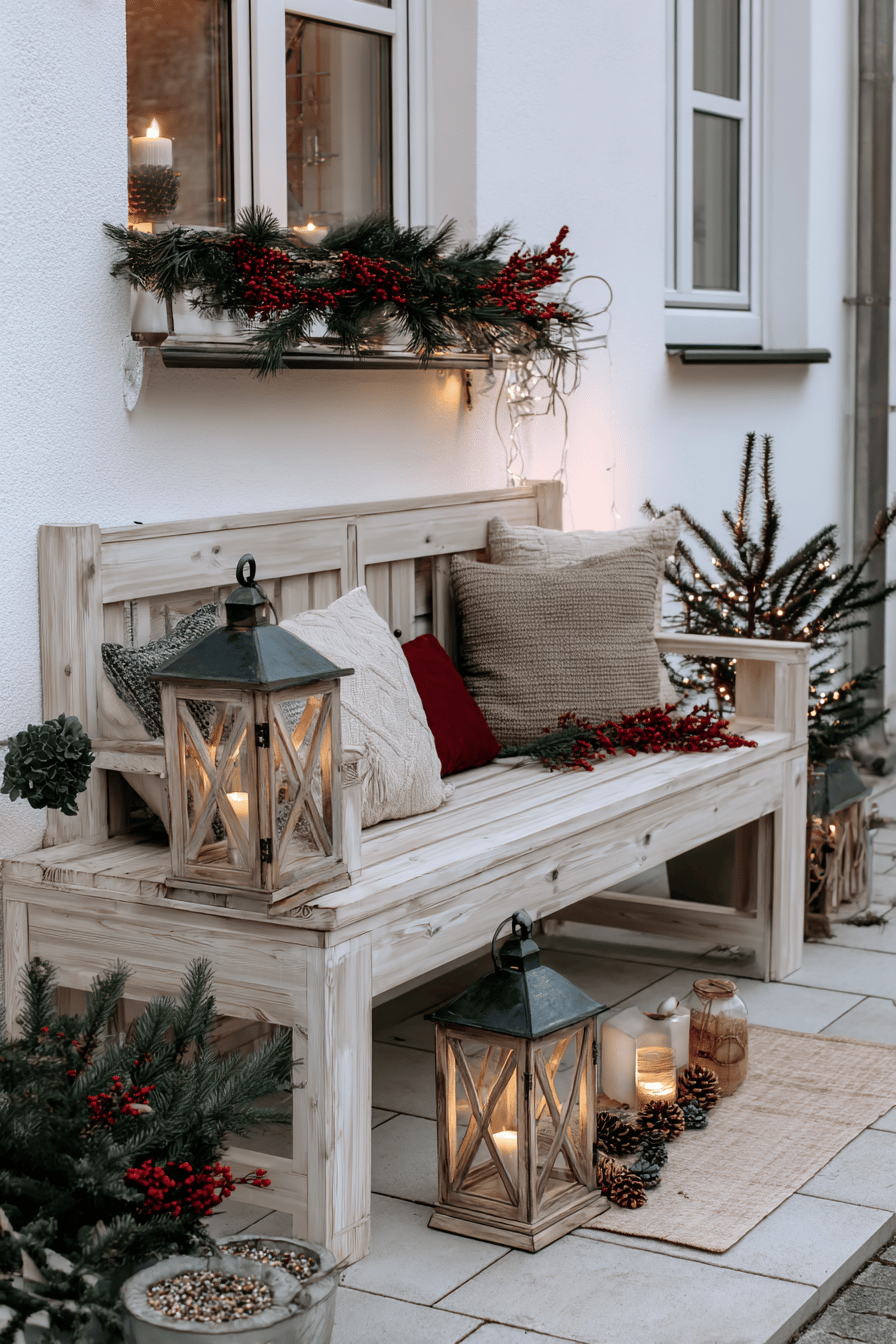 Weihnachtlich dekorierte Gartenbank mit Kissen, Laternen und Tannenzweigen.