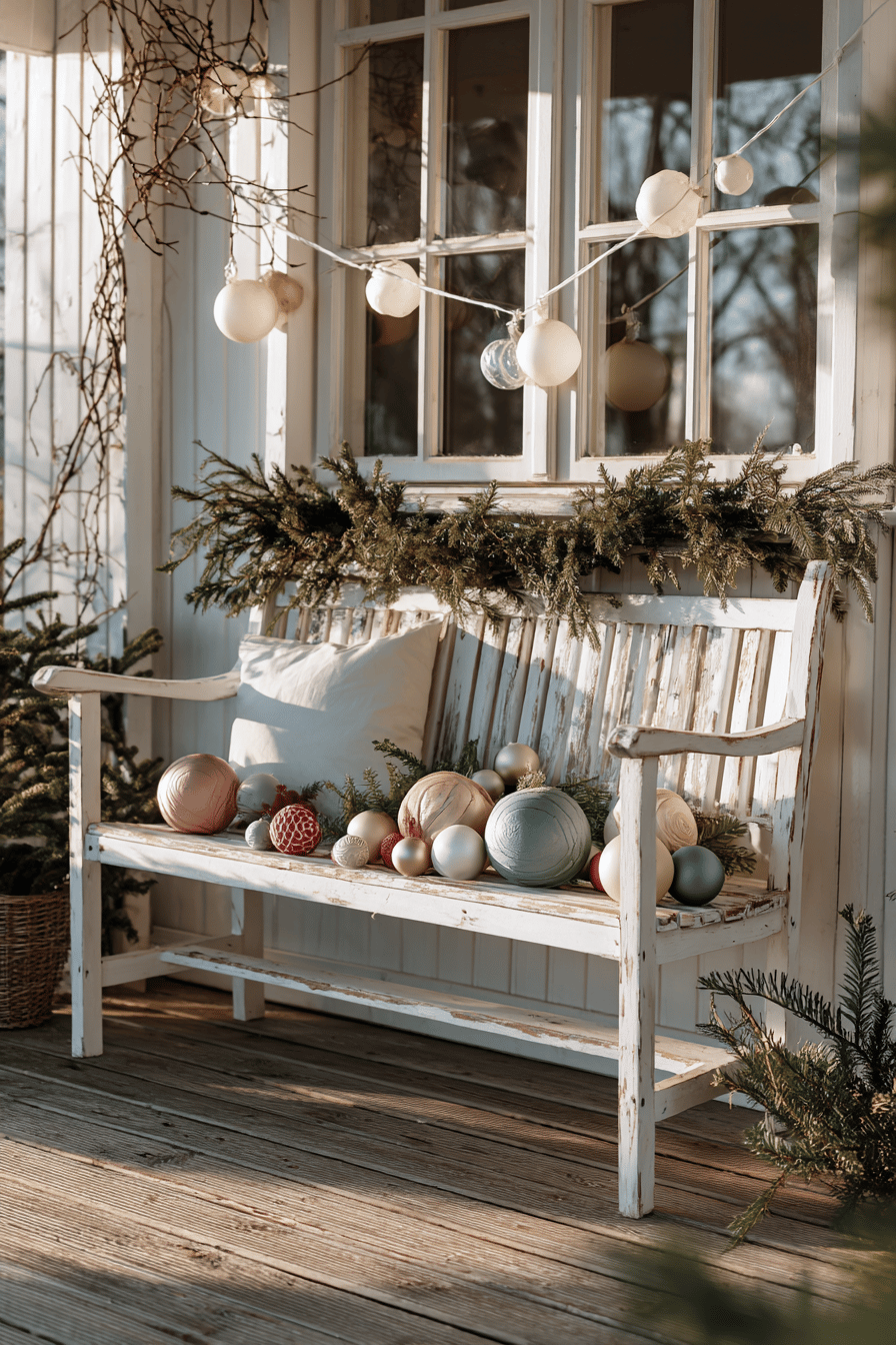 Gartenbank mit verschiedenen Weihnachtskugeln in verschiedenen Farben und Größen dekoriert, umgeben von Zweigen und Lichterketten.