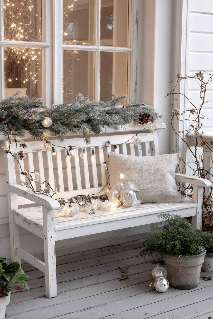 Eine weiß gestrichene Gartenbank mit weihnachtlicher Dekoration aus Lichterketten und Tannenzweigen.