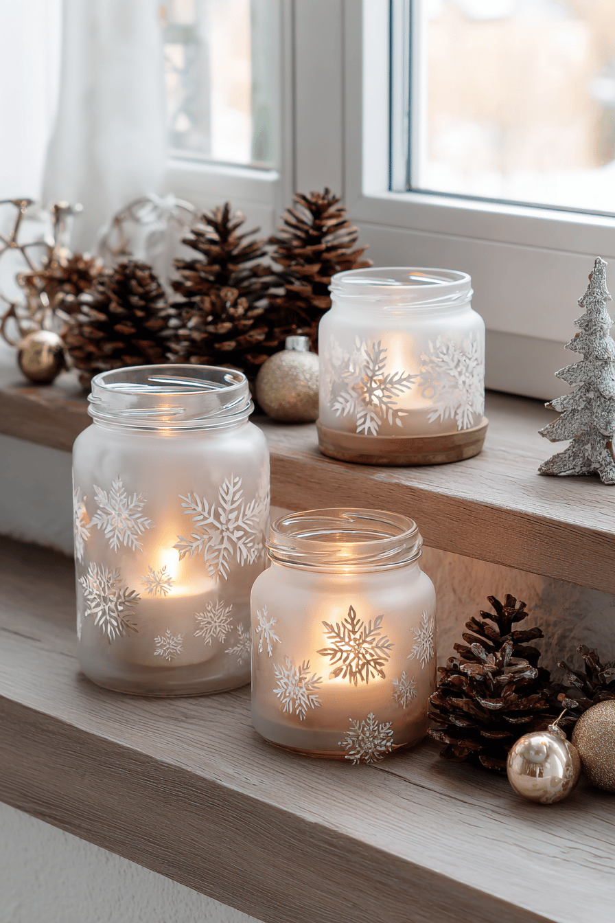 Gefrostete Mason Jar Windlichter mit Schneeflockenmotiv auf einem Fensterbrett, umgeben von Tannenzapfen und Weihnachtskugeln.