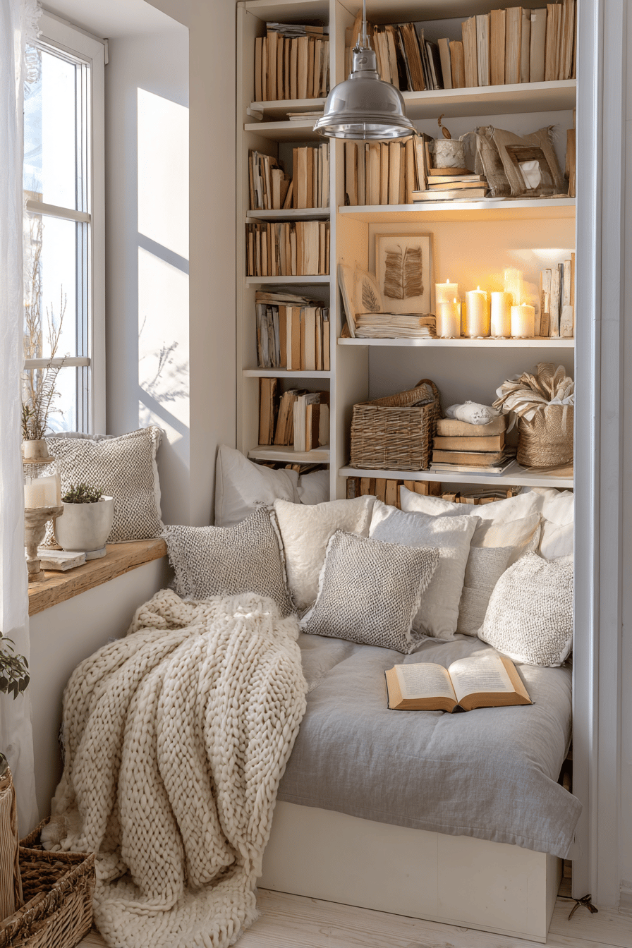 Gemütliche Leseecke mit Kissen, Decke und Bücherregal am Fenster.