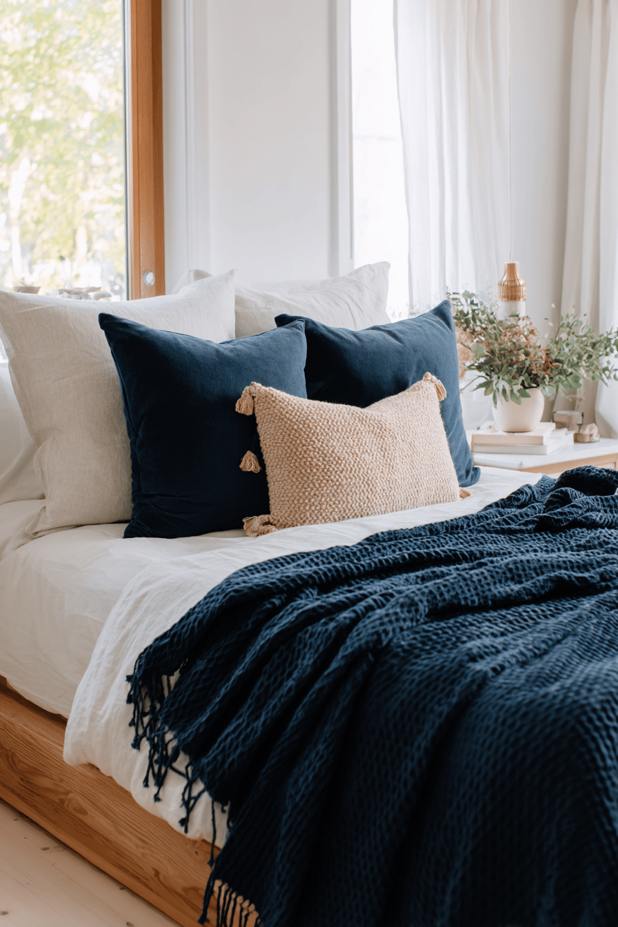 Bett mit dunkelblauer Tagesdecke und Kissen in Blau und Beige