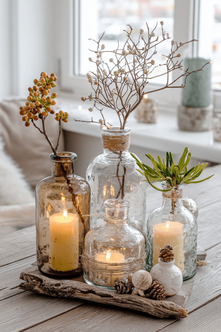Glasflaschen als rustikale Kerzenhalter mit Zweigen und Dekoration auf einem Tisch.