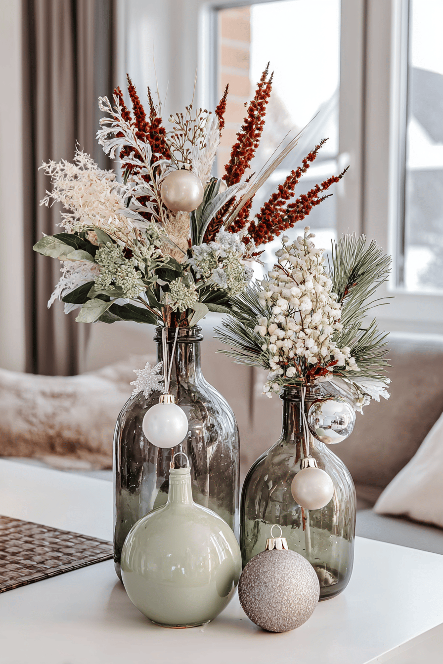 Glassvasen, dekoriert mit Trockenblumen und Weihnachtskugeln auf einem Tisch.