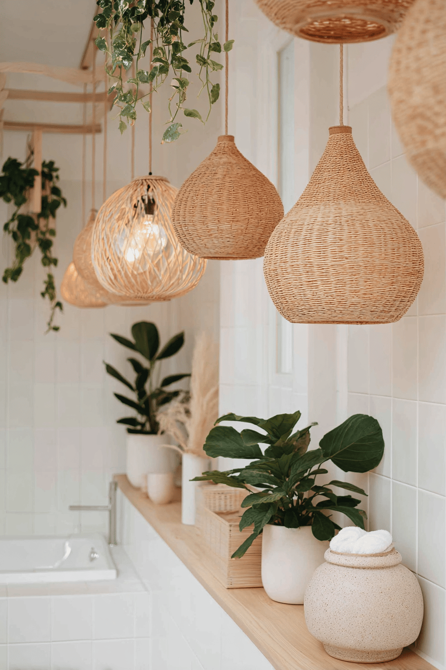 Skandinavisches Badezimmer mit Hängelampen aus Rattan und Topfpflanzen