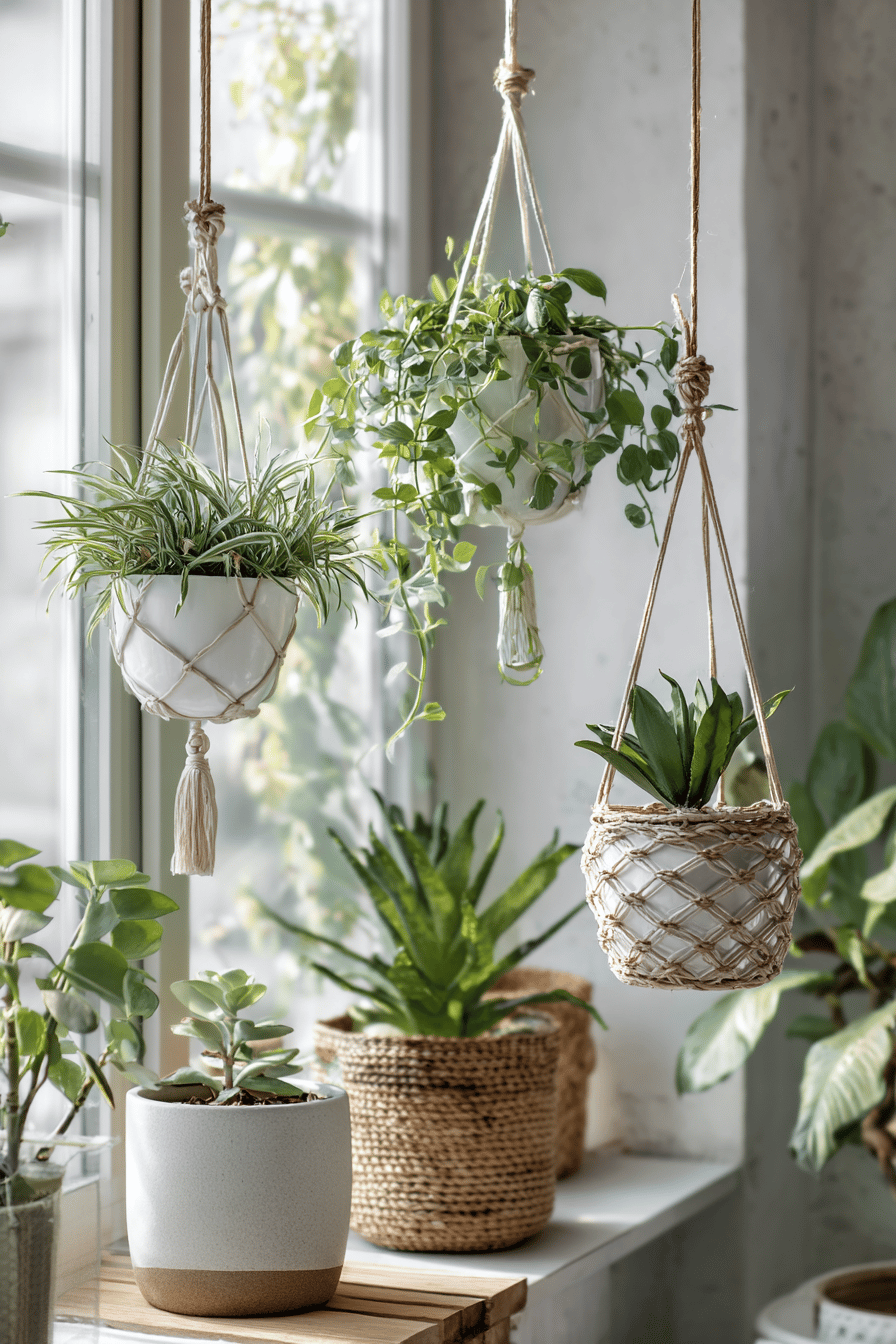 Mehrere hängende Pflanzen in dekorativen Makramee-Haltern vor einem Fenster.