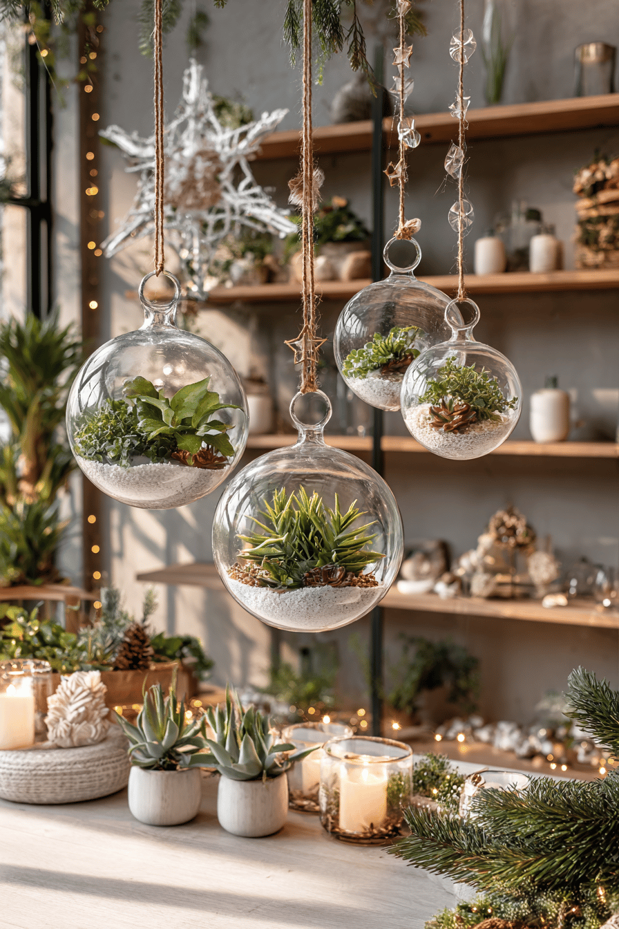 Hängende Glaskugeln mit Pflanzen als kreative Weihnachtsdeko.