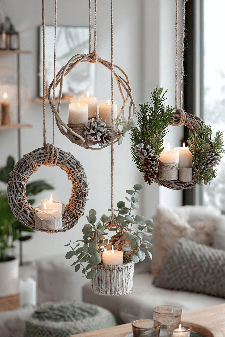 Verschiedene hängende Adventskränze mit LED-Kerzen und Naturmaterialien.