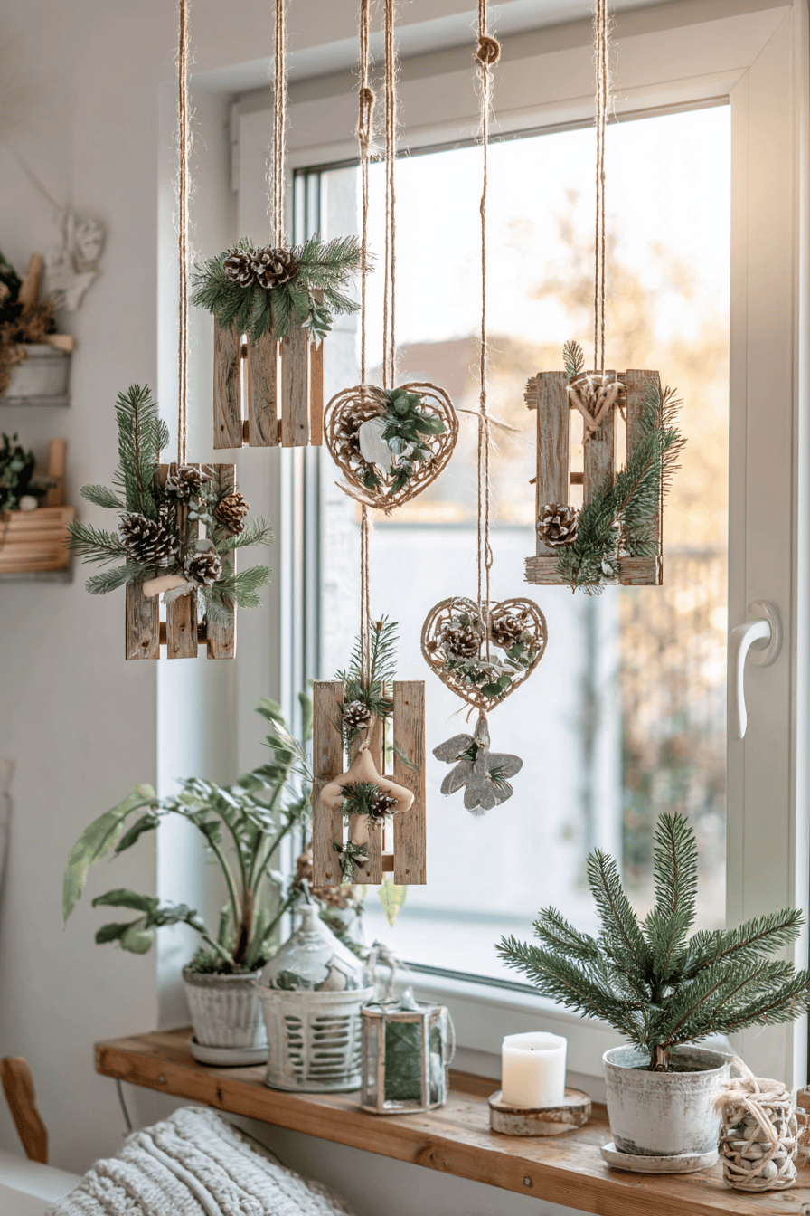 Hängende Weihnachtsornamente aus Holzpaletten mit Tannenzweigen und Zapfen.