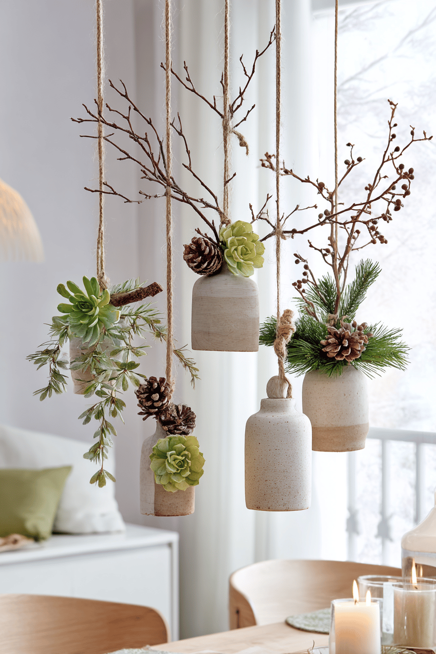 Hängende Vasen mit Tannenzweigen und Zapfen als weihnachtliche Deko.