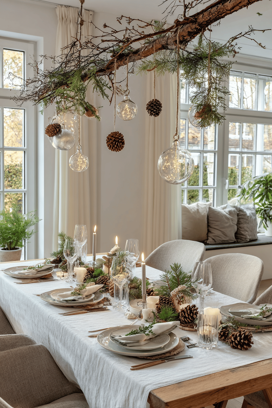 Hängender Weihnachtsast über einem festlich gedeckten Esstisch mit Kerzen und Tannenzapfen.
