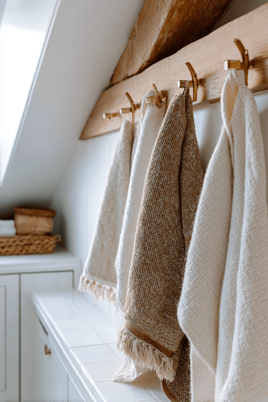 Handtücher hängen ordentlich an goldenen Haken unter einer Dachschräge