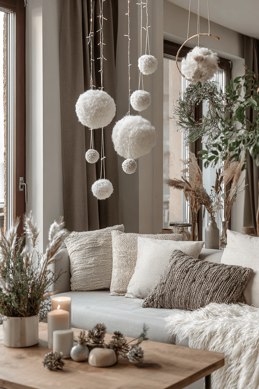 Moderner Raum mit hängender Weihnachtsdekoration aus flauschigen Bällen.