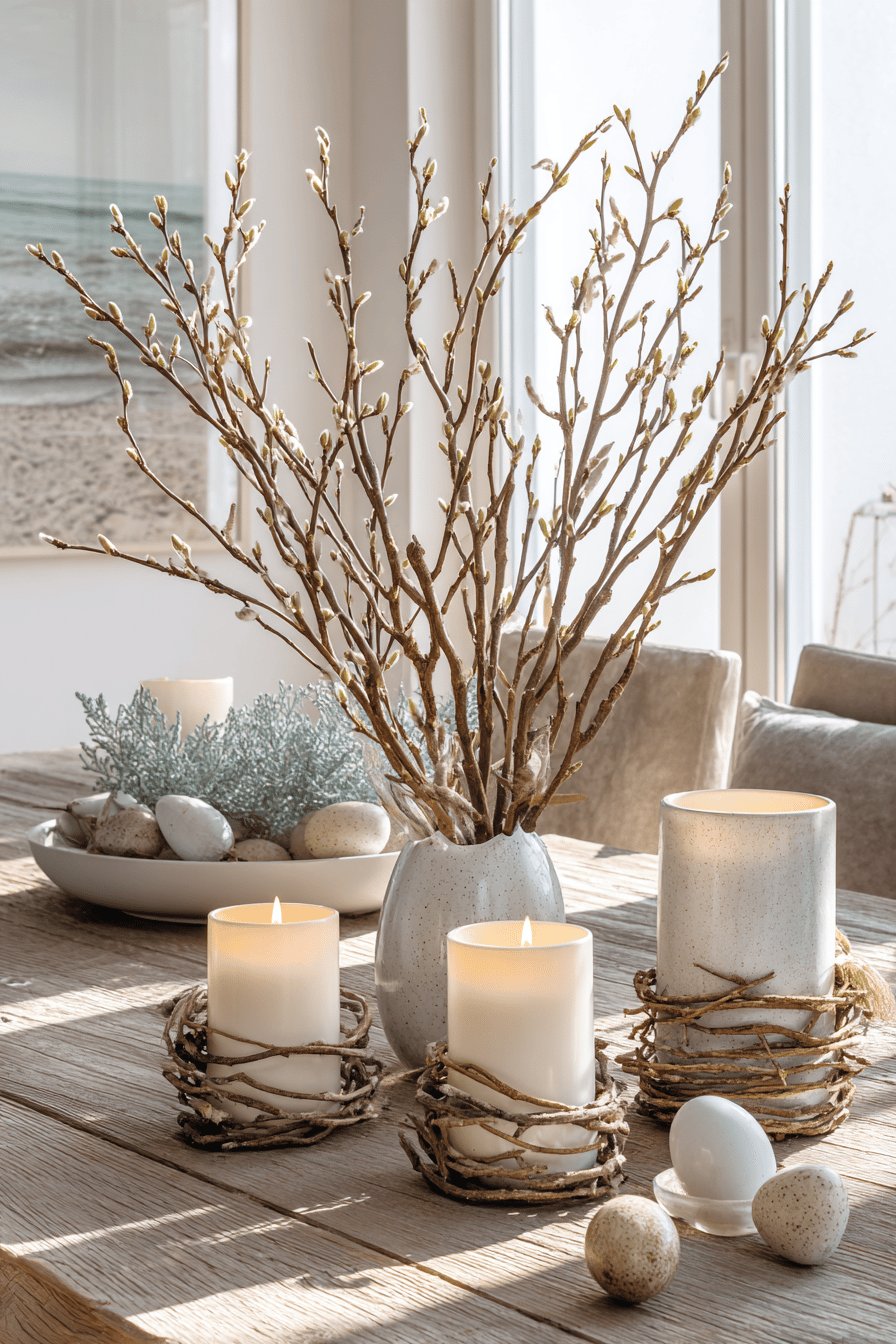 Ein Tisch mit Hartriegel-Zweigen in einer Vase und Kerzen, umgeben von Eiern und Steinen.