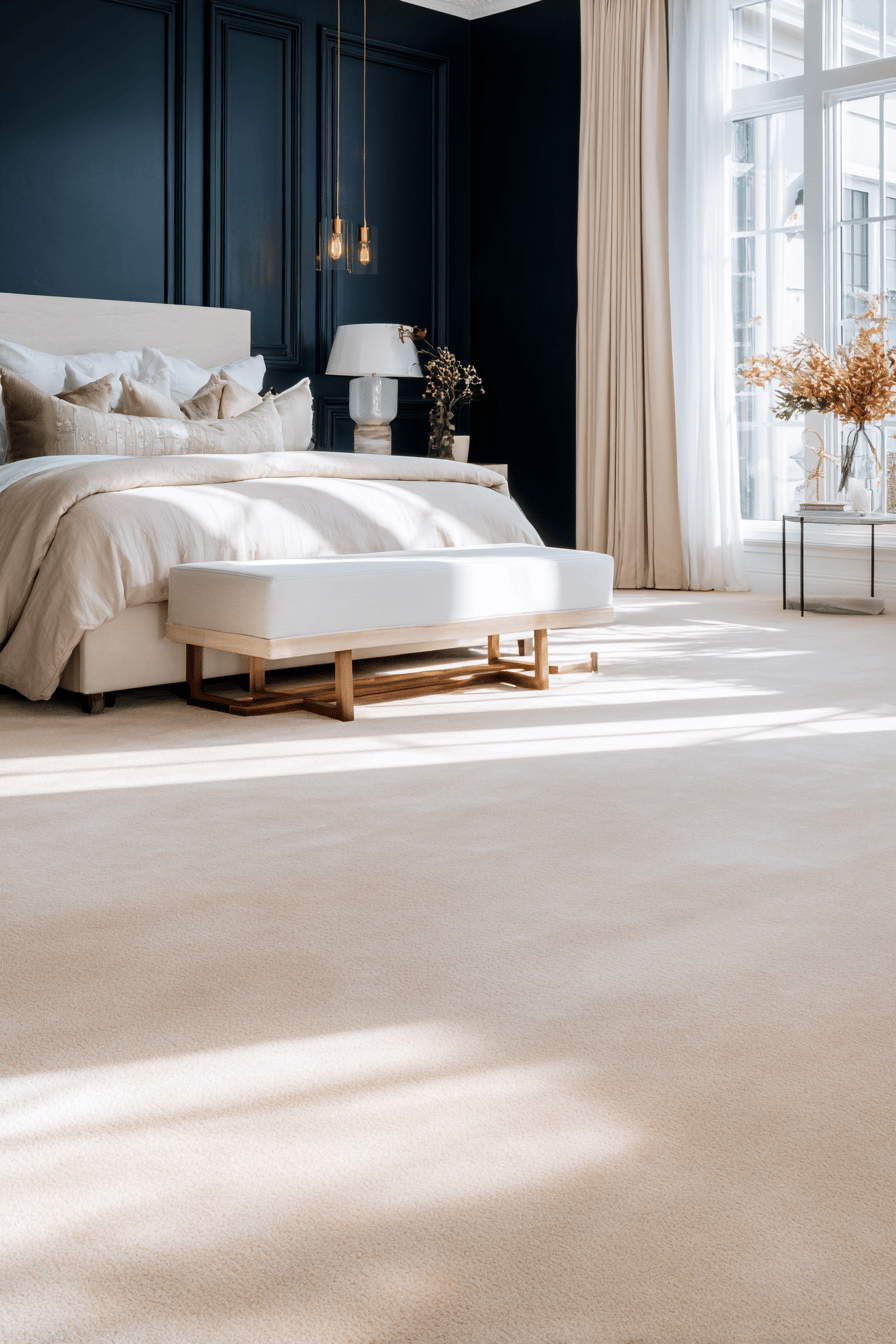 Helles Schlafzimmer mit dunkelblauer Wand und cremefarbenem Teppich