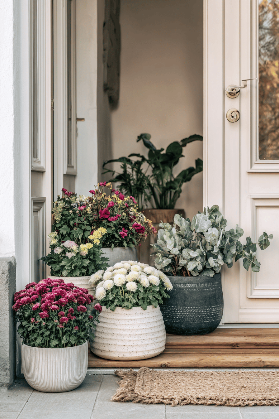 Verschiedene Herbstblumen in dekorativen Töpfen vor einer Eingangstür.