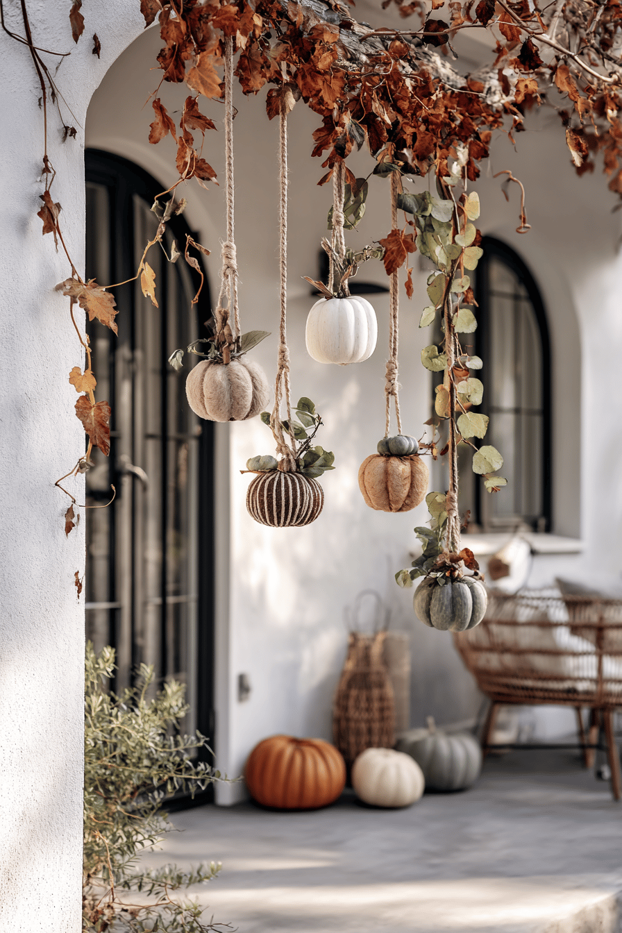 Herbstlicher Außenbereich mit hängenden Kürbissen und buntem Laub.