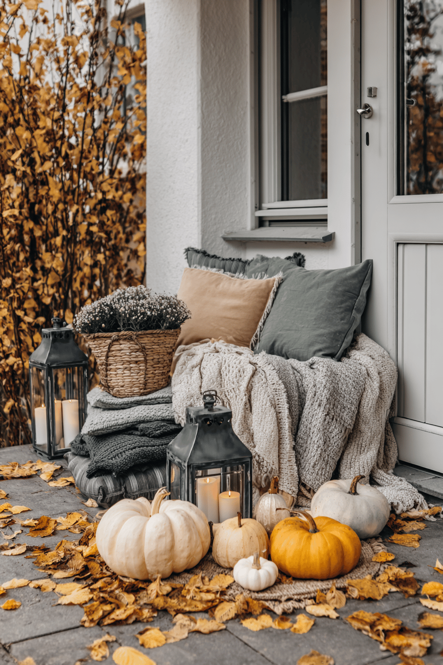 Herbstliche Eingangsgestaltung mit Kürbissen, Laternen und gemütlicher Dekoration.