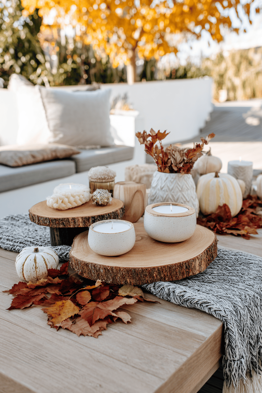 Holzscheiben mit Kerzen und Kürbissen auf einem Tisch im herbstlichen Garten.