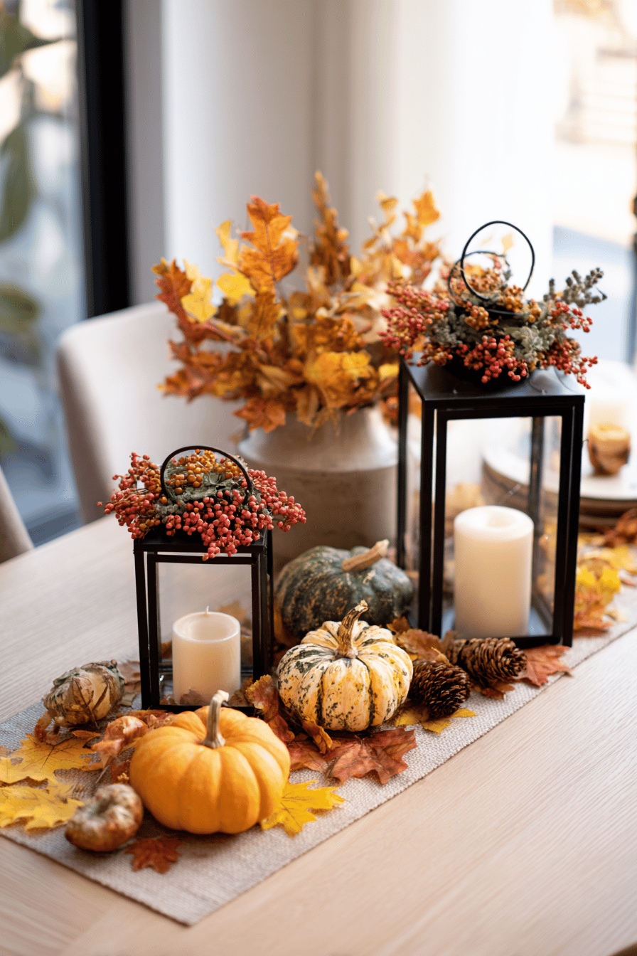Herbstliche Dekoration mit Laternen, Kürbissen, Kerzen und Herbstlaub auf einem Tisch.