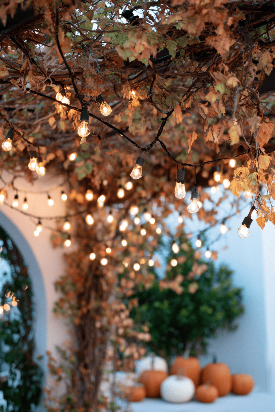 Warme Lichterketten hängen in einem herbstlichen Garten mit trockenen Blättern und Kürbissen.