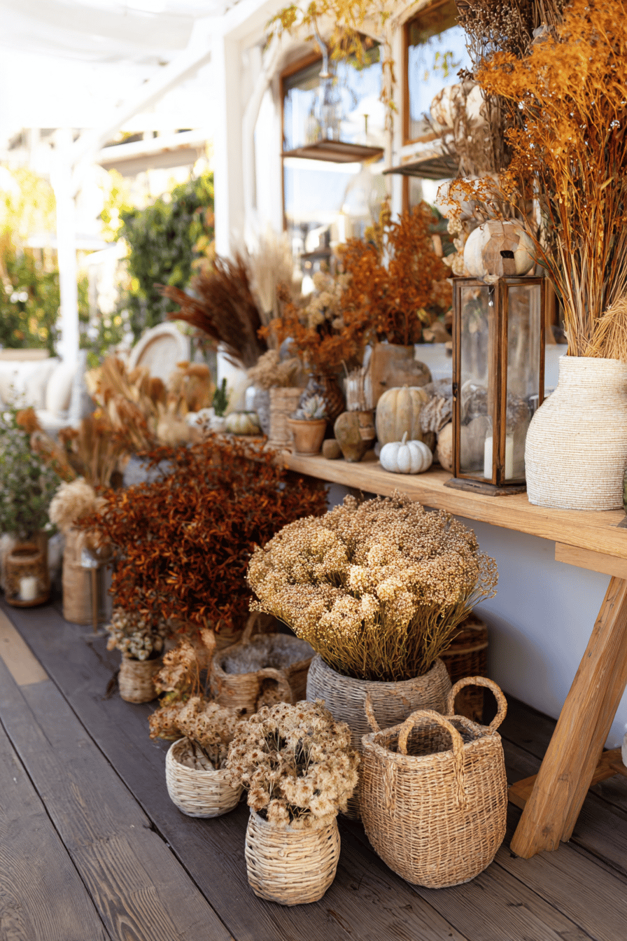 Ein Gartenbereich mit herbstlicher Dekoration aus Naturmaterialien, darunter Körbe mit getrockneten Blumen und Kürbisse.