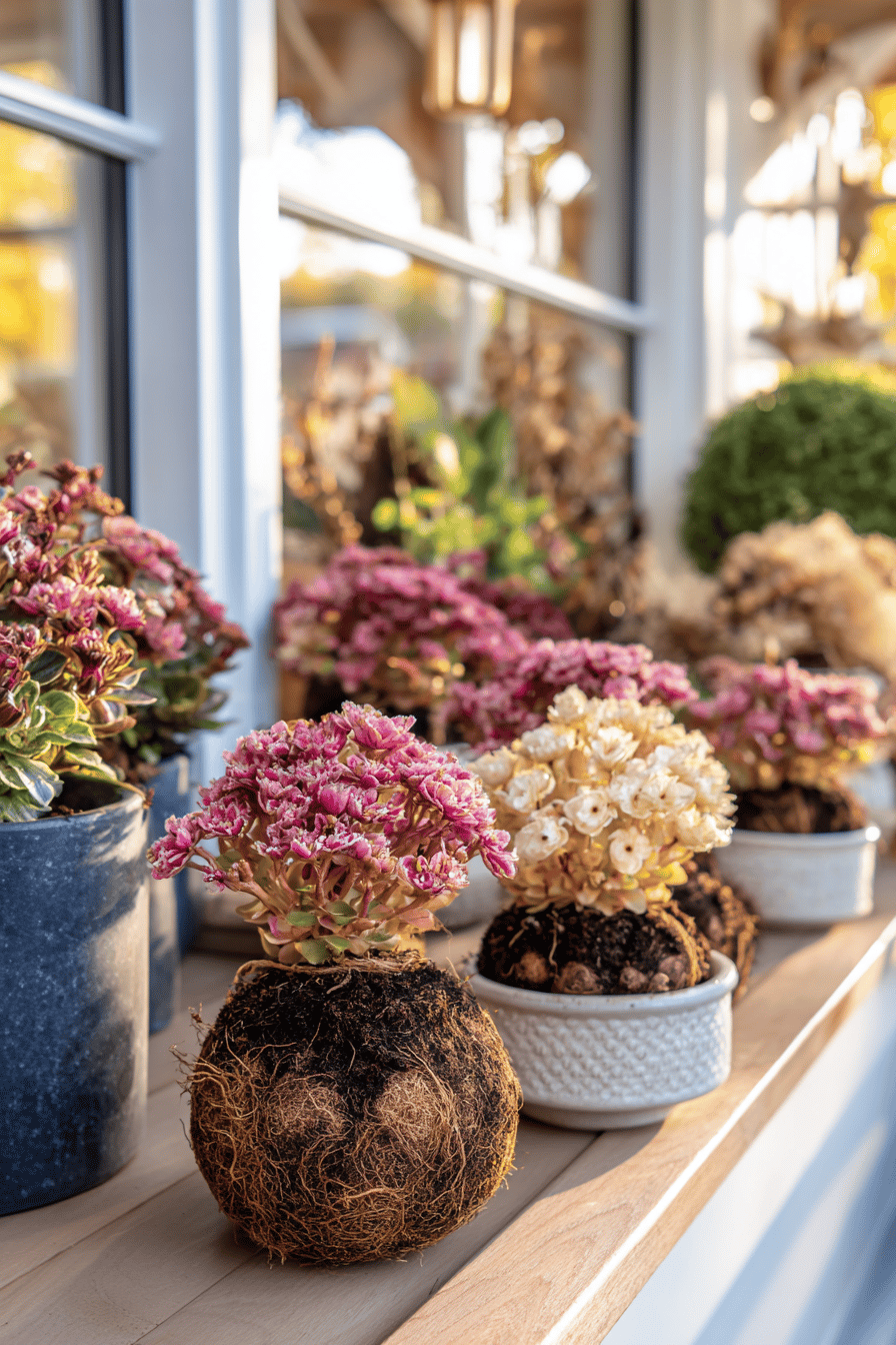 Bunte Herbstblumen in Wurzelkugeln auf einem Tisch.
