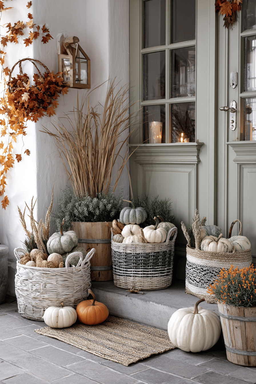 Herbstlich dekorierter Eingang mit Körben voller Kürbisse und Trockenblumen.