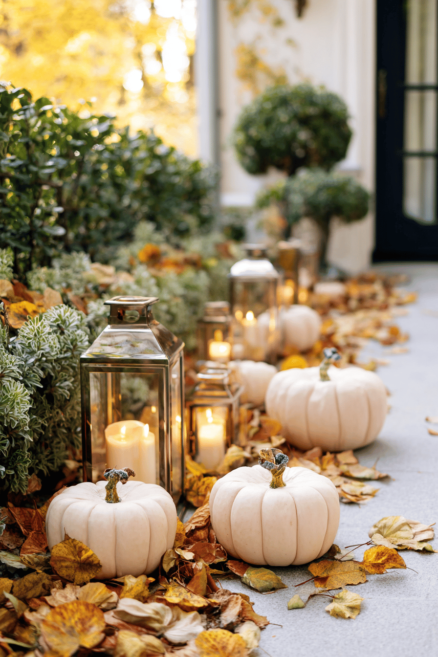 Herbstliche Gartendekoration mit weißen Kürbissen und Windlichtern.