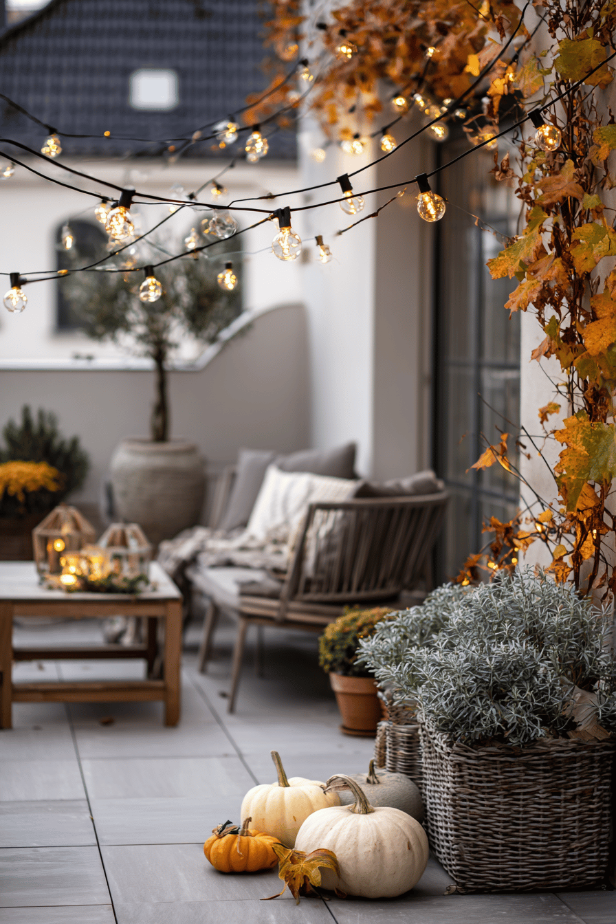 Ein herbstlich dekorierter Eingangsbereich mit Lichterketten, Kürbissen und gemütlichen Sitzgelegenheiten.