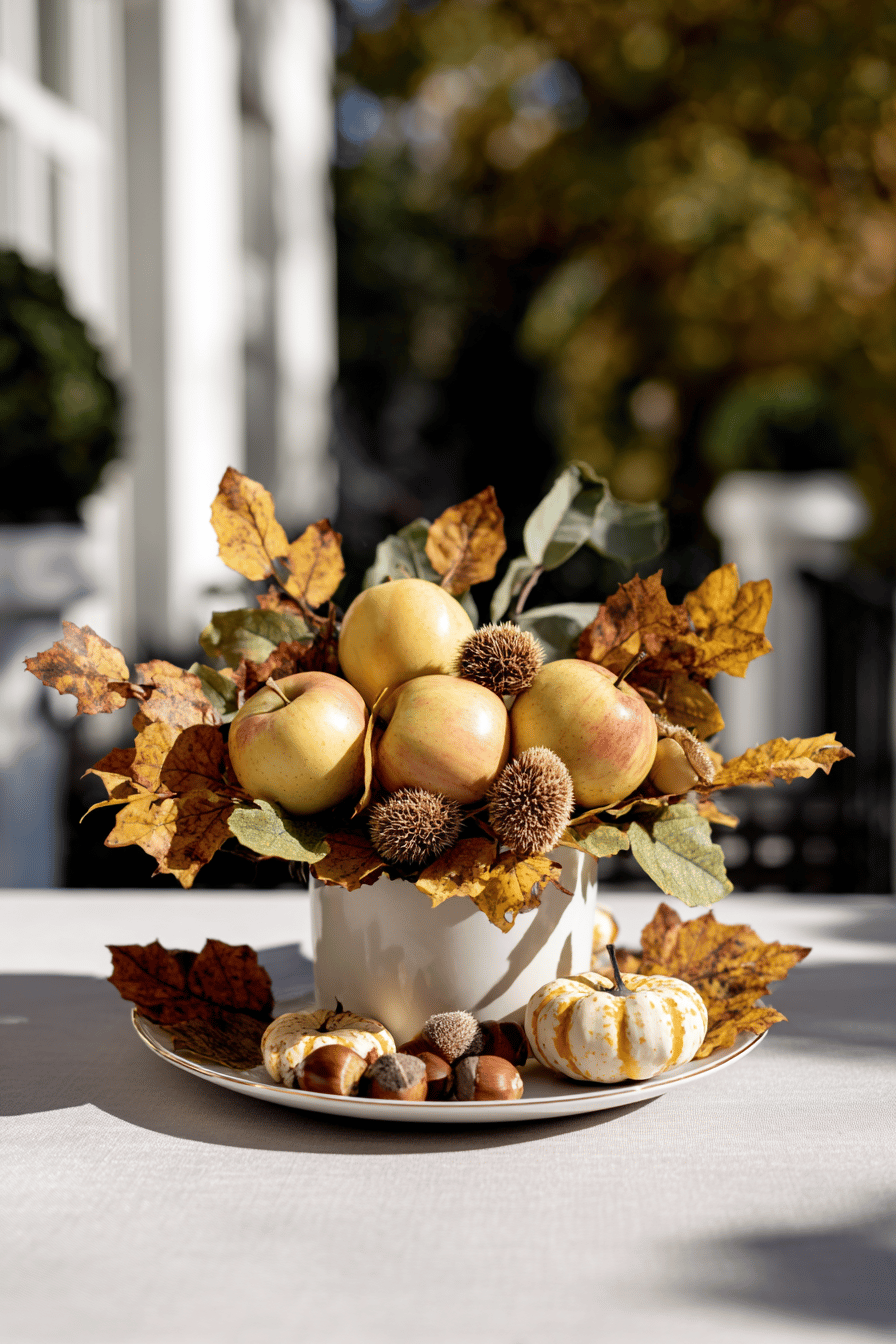 Herbstliche Tischdekoration mit Äpfeln, Kastanien und Blättern.