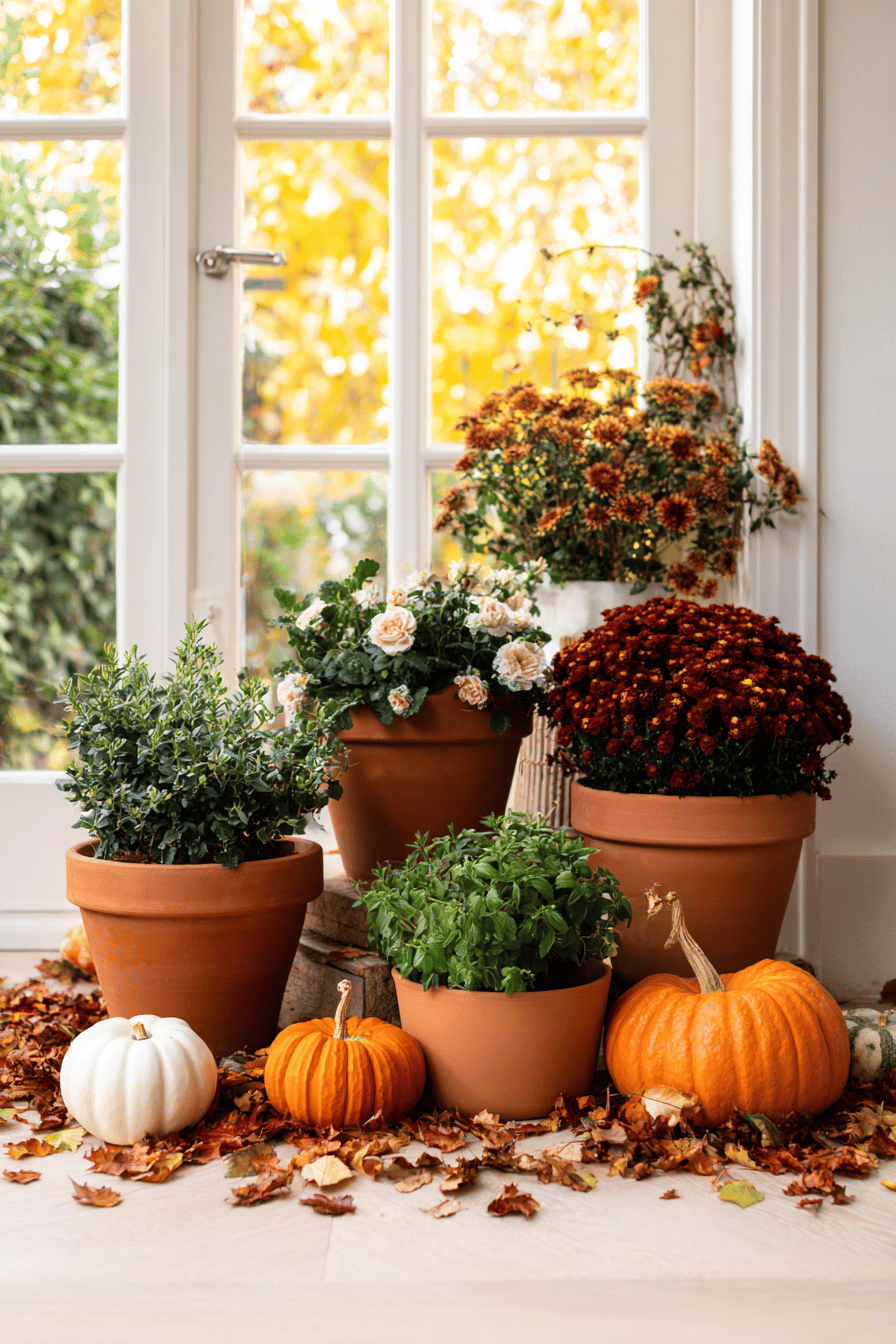 Herbstliche Tonkrüge mit verschiedenen Pflanzen, umgeben von kleinen Kürbissen und Laub vor einem Fenster.