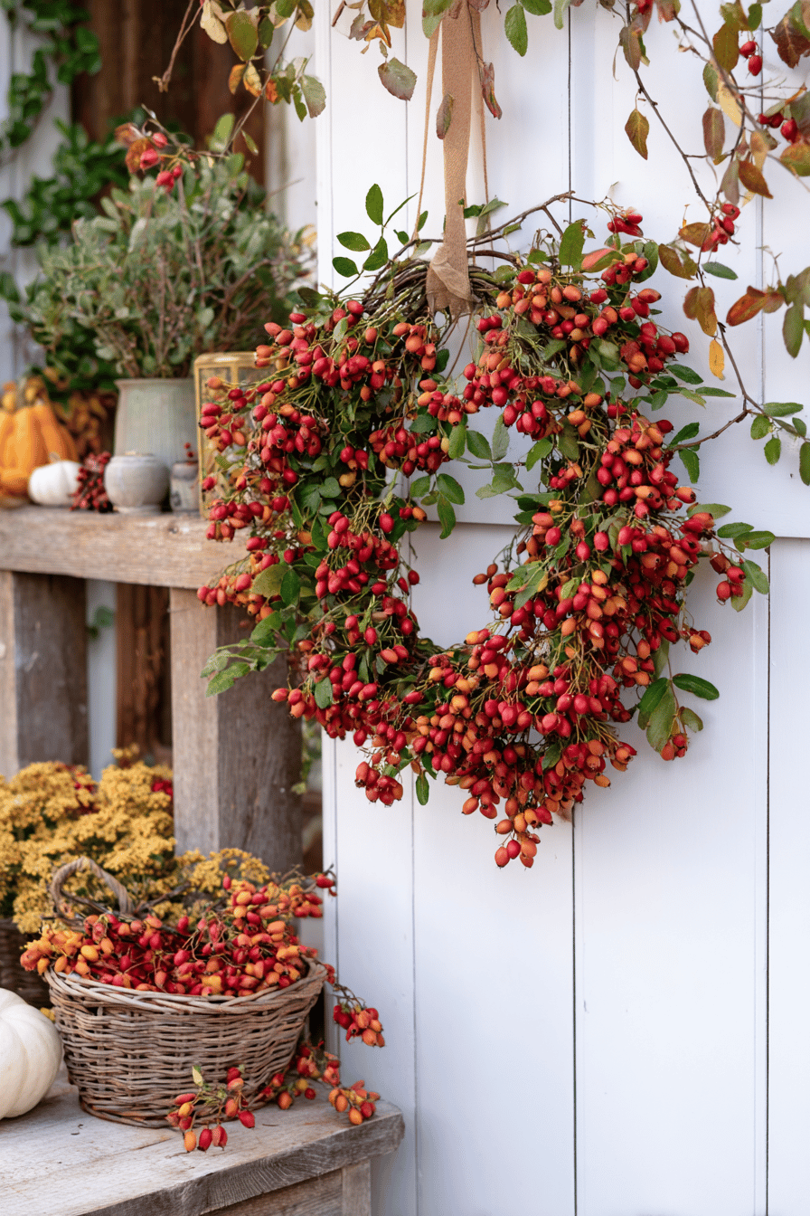 Ein herbstlicher Türkranz aus Hagebutten hängt an einer weißen Wand, mit weiteren herbstlichen Dekorationen wie Kürbissen auf einer Bank.