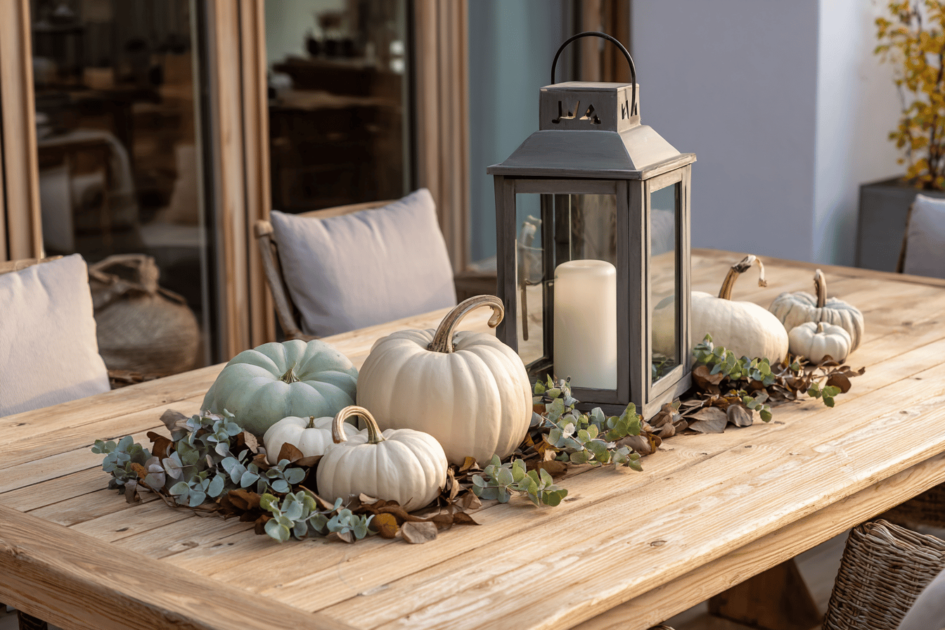 Herbstdeko mit Kürbissen und Laterne auf Holztisch.